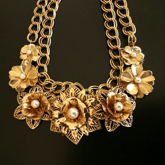 Gold & Pearl Floral Statement Necklace - Picture 2 of 7
